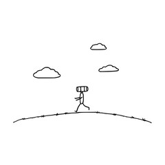 A stick figure with a backpack walking over a barbed wire hill under three clouds in a minimalist style