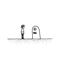 A person faces a one eyed monster with sharp teeth on a ground line in a black and white drawing style