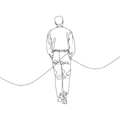 Line drawing of a man walking away with hands in pockets and a curved line across the image plane