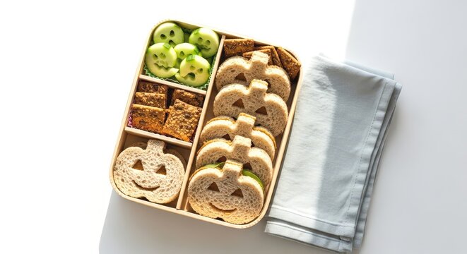 Overhead shot of a halloween bento box with pumpkin shaped sandwiches and cucumber jack olanterns isolated on white background - Powered by Adobe
