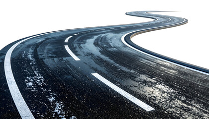 A winding asphalt road with white lines curves against a transparent background