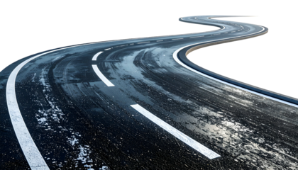 A winding asphalt road with white lines curves against a transparent background