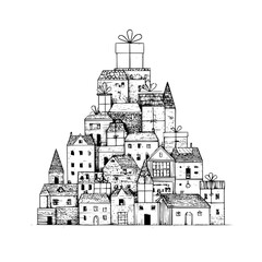 Illustration of stacked houses and gifts resembling a christmas tree in black and white drawing style
