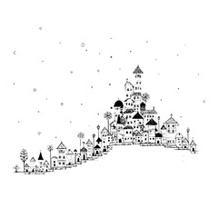 Hand drawn monochrome whimsical cityscape with various buildings and falling snow on a white background scene