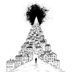 A lone figure walking towards a towering city with a dark cloud above in a monochrome illustration