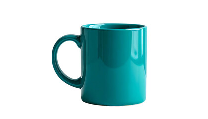Turquoise mug with handle, centered against a black backdrop, brightly lit