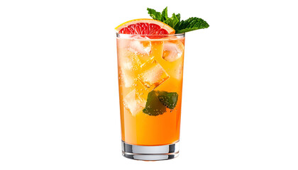A tall glass of colorful citrus-infused cocktail with ice, a citrus slice & mint