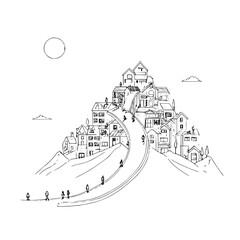 Illustration of a hillside town with houses, a road, people, clouds, and a circle resembling the sun