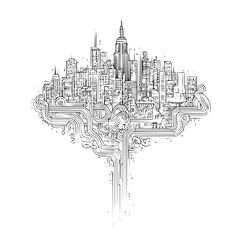 Detailed line drawing of a cityscape with prominent skyscrapers and intricate circuit board patterns below