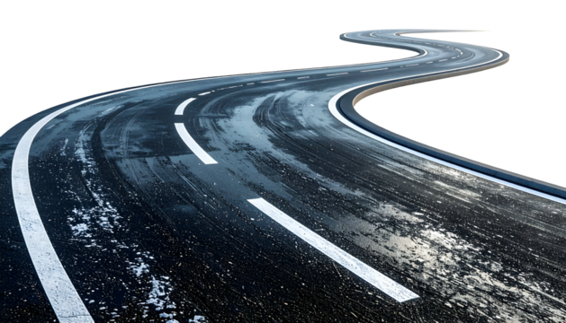 A winding asphalt road with white lines curves against a transparent background