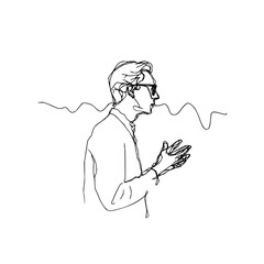 A single line drawing of a man with glasses speaking with his hands gesturing and sound waves visible