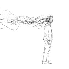 Line drawing of a man in a suit with flowing lines emanating from his head in a side profile view