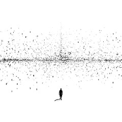 A lone figure walks towards a dense horizon of fragmented shapes in a stark black and white landscape