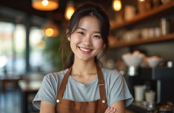 Asian young woman smiles wearing apron in cafe. Female barista crossed arms with positive attitude at cofee shop. Happy worker standing in restaurant or bar.