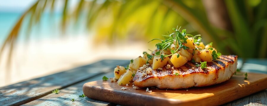 Grilled fish with pineapple salsa served on wood board. Beachside dining captures tropical vibe. Summer food presentation on ocean shore. Culinary art concept food photo. - Powered by Adobe