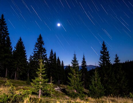 Night sky over forest showing star trails and bright celestial object