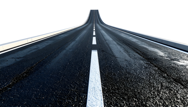 Perspective shot of a straight, wet highway receding into the distance with clear lane markings