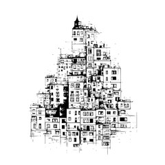 Illustration of a dense urban building complex in black and white with many windows and architectural details