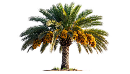 Lush, isolated palm tree with hanging dates against a black background