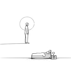 Man standing with a circle behind him looking down at a sleeping person in a bed with nightstand lamp