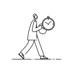Line drawing of a man walking and holding a large clock with hands showing the time in black and white