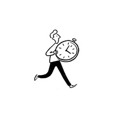Man running with a large clock in his hands, depicted in a simple black and white line drawing style