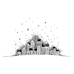 Hand drawn illustration of a stylized townscape with houses and buildings under a sky with stars and dots