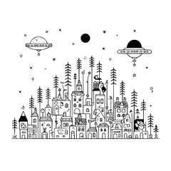 Illustration of a whimsical city skyline with ufos, trees, and stars in a hand drawn style design