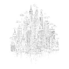 Detailed black and white line drawing of a dense cityscape with tall buildings and skyscrapers view