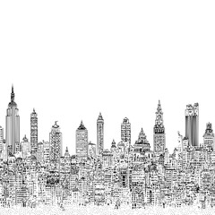 Detailed black and white skyline illustration showcasing various buildings and architectural styles in a city