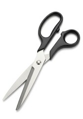 Isolated scissors with black handles against plain backdrop illustrating precision tool
