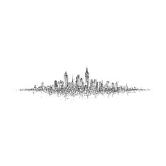 Cityscape sketch featuring a distant skyline with various skyscrapers and buildings in black and white style