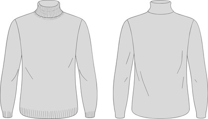 Turtleneck sweater technical flat sketch, front and back view, ribbed collar cuffs hem, minimal seam design, CAD drawing flat vector illustration
