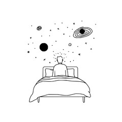 Person sitting in bed looking at space with stars planets and a galaxy in a black and white drawing
