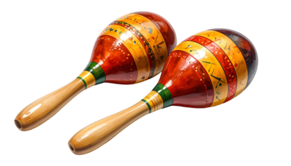 Pair of painted maracas, wood handles, on a black background