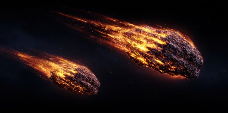 Fiery meteors burning with bright orange flames and trails against dark space background with stars. Cosmic disaster and celestial phenomenon concept.
