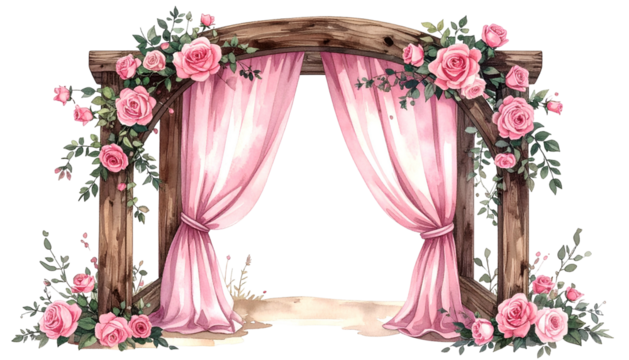 Watercolor archway with pink roses and curtains, framed with foliage, inviting and romantic