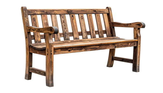 Weathered wooden bench with armrests and slatted back, isolated on a black background