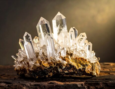 Clear quartz crystal cluster on a dark surface