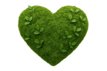 Green grass heart shape with fresh leaves growing, symbolizing nature love, ecology, and environmental care