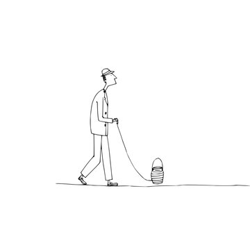 Fototapeta A man in a suit and hat walking and pulling a striped bucket with a rope in a minimalist style drawing
