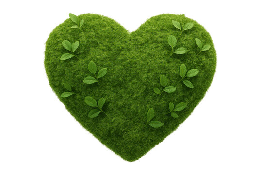 Green grass heart shape with fresh leaves growing, symbolizing nature love, ecology, and environmental care