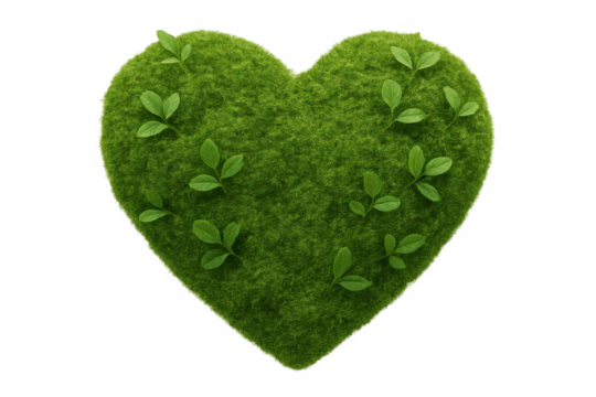 Green grass heart shape with fresh leaves growing, symbolizing nature love, ecology, and environmental care