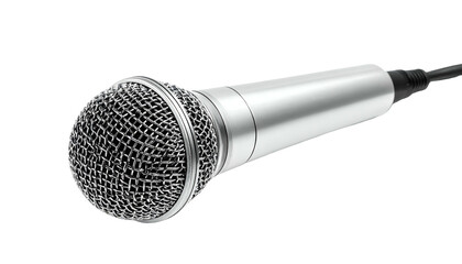 Silver microphone on black background; front grill angled up
