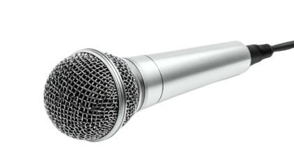 Silver microphone on black background; front grill angled up