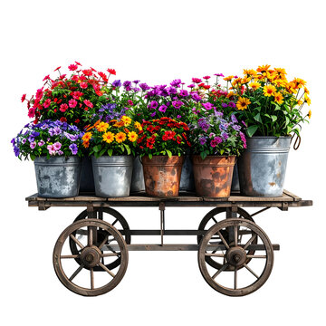 A wooden cart laden with pots of colorful flowers against a black background