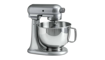 Silver stand mixer with stainless bowl against black background