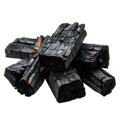 Close-up of a pile of charred charcoal briquettes, with glowing embers