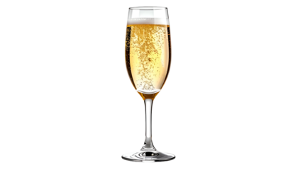 Tall flute of sparkling golden liquid with bubbles against a stark black background
