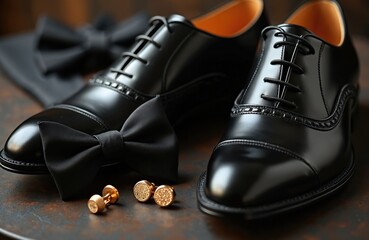 Close-up photo groom accessories. Black leather shoes bow tie cufflinks create elegance for special event. Wedding day celebration preparation theme. Classic style formal wear fashion.